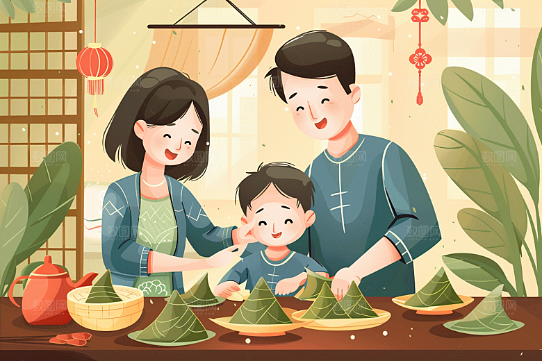 端午包粽子粽叶美食插画