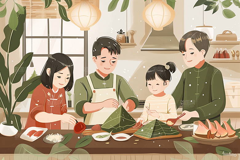 端午包粽子节日美食插画