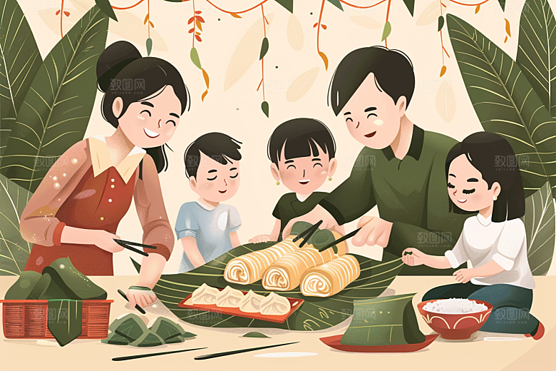 端午包粽子美味习俗插画