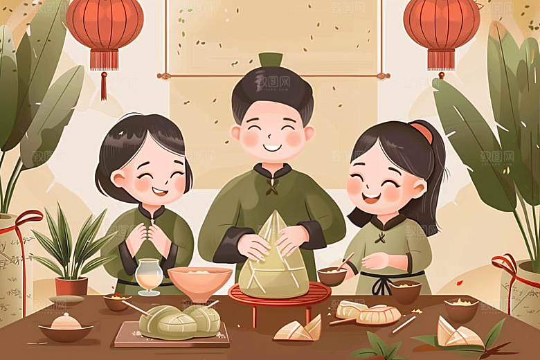 端午包粽子温馨小吃插画