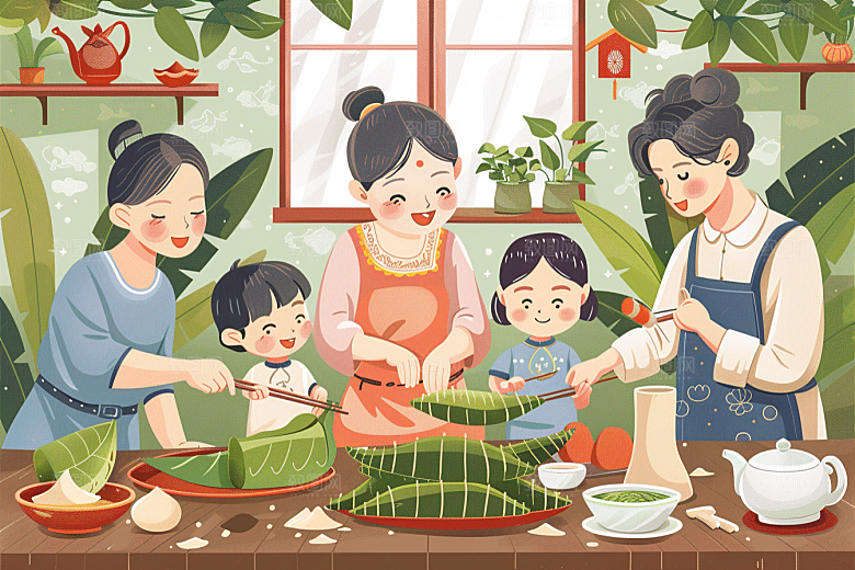 端午包粽子美味高清插画