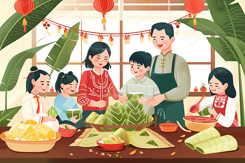 端午包粽子手绘温馨插画