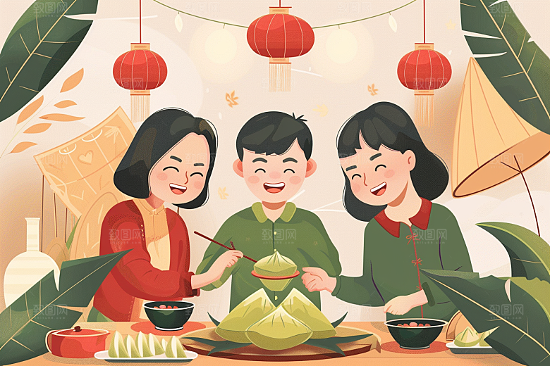 端午包粽子粽叶小吃插画