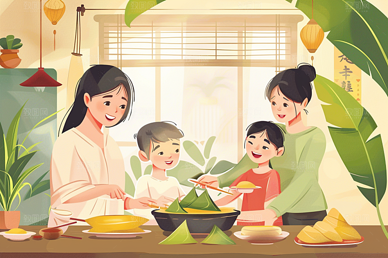 端午包粽子粽叶温馨插画