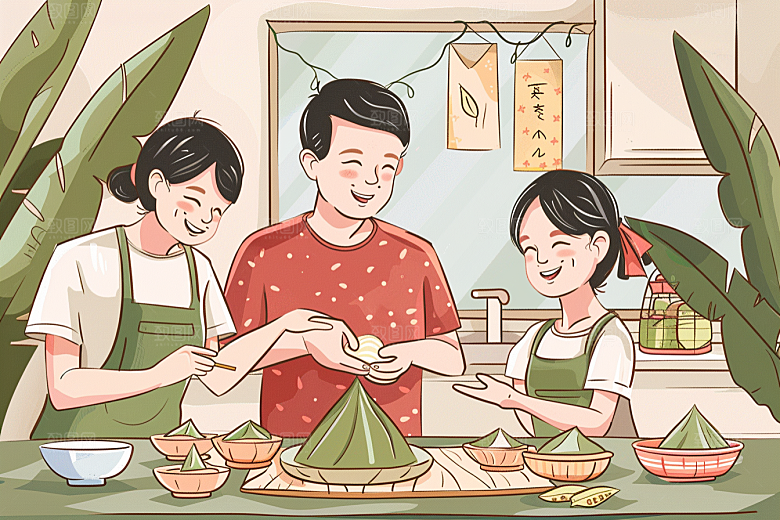 端午包粽子美味小吃插画