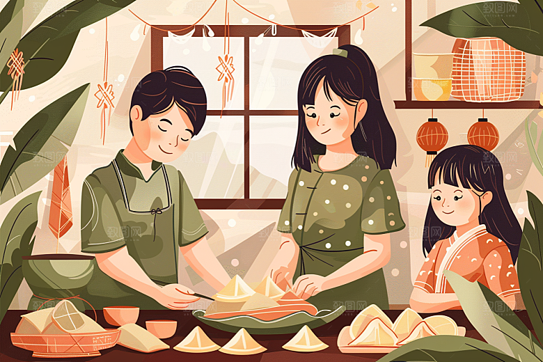 端午包粽子高清节日插画