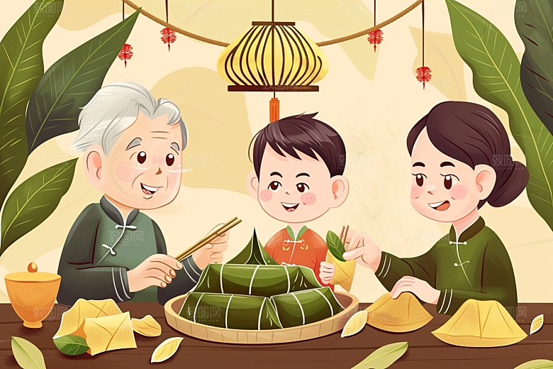 端午包粽子阖家团聚美食插画