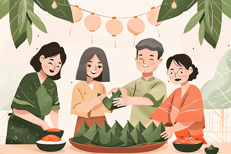 端午包粽子美食习俗插画