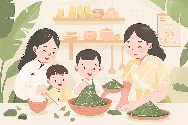 端午包粽子美味温馨插画