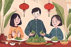 端午包粽子节日氛围糯米插画