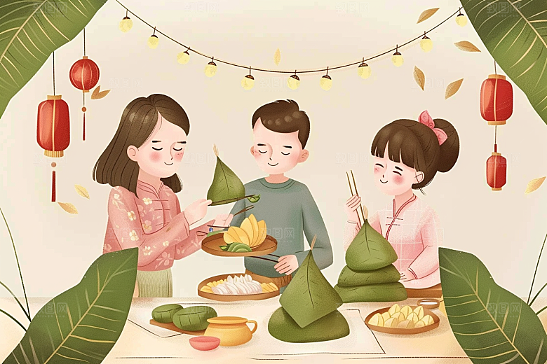 端午包粽子小吃温馨插画
