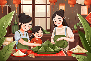 端午包粽子阖家团聚温馨插画
