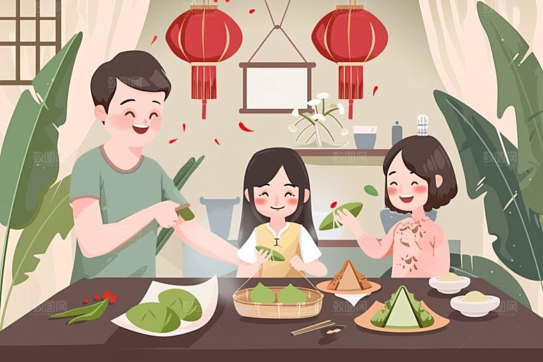 端午包粽子习俗传统文化插画