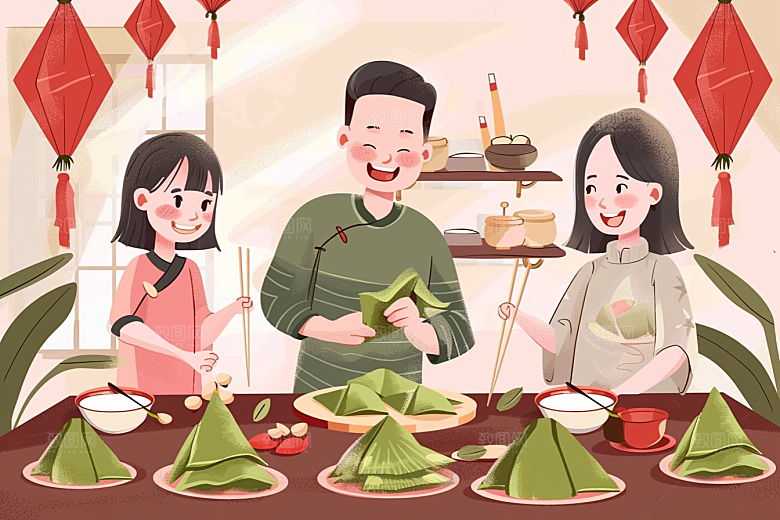 端午包粽子美味粽叶插画