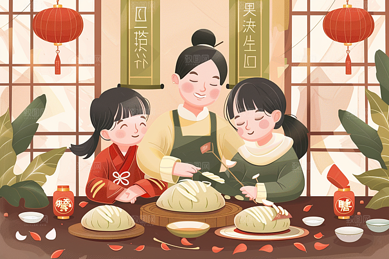 端午包粽子美食高清插画