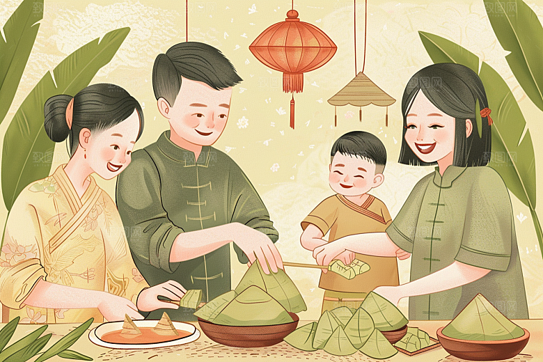 端午包粽子习俗传统文化插画