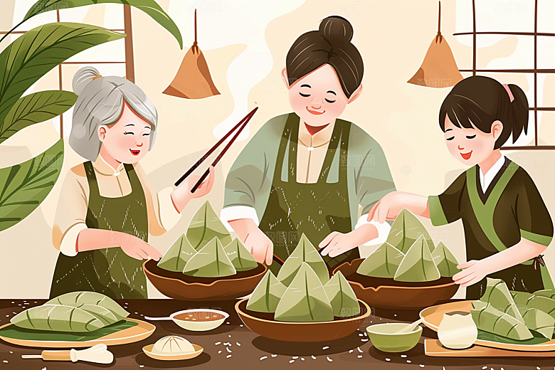 端午包粽子粽叶节日氛围插画