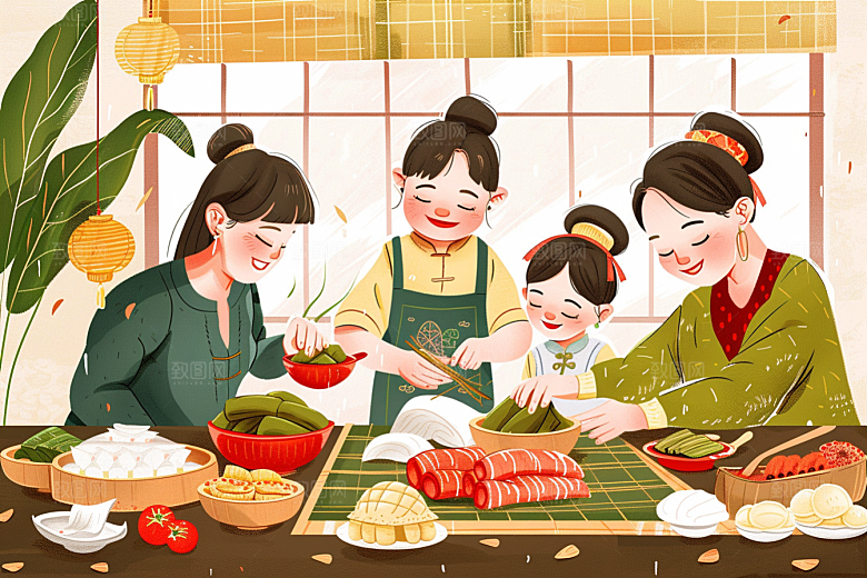 端午包粽子习俗手绘插画