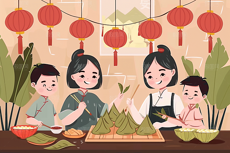 端午包粽子端午节高清插画