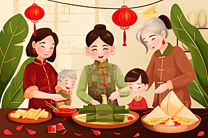 端午包粽子小吃阖家团聚插画