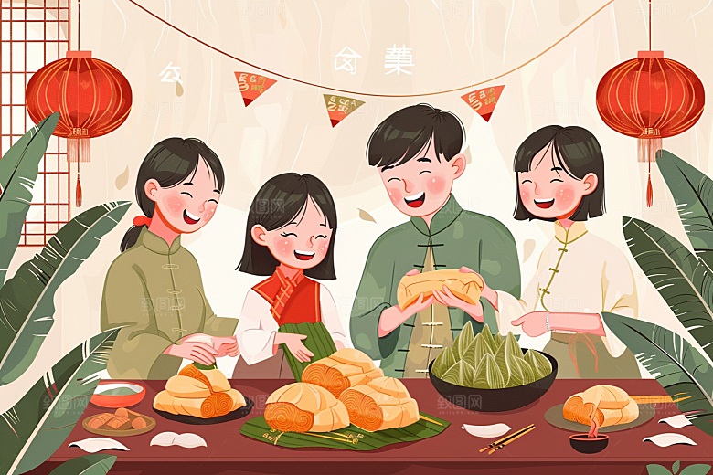 端午包粽子高清温馨插画