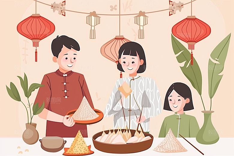端午包粽子高清粽叶插画