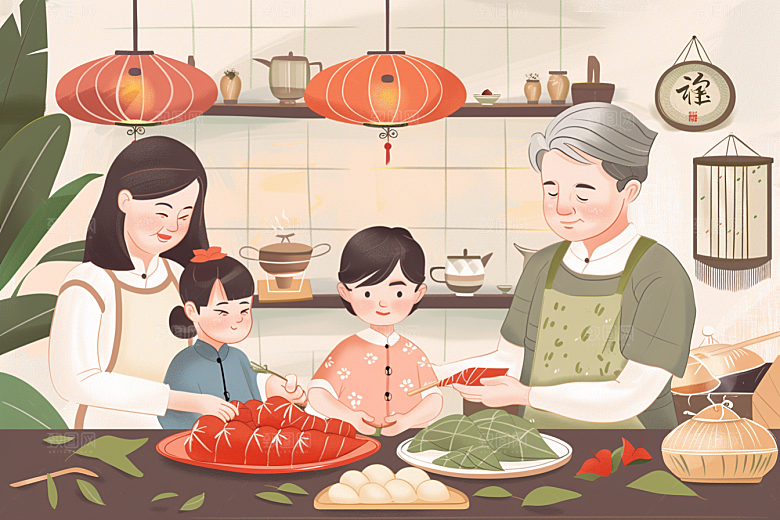 端午包粽子美味阖家团聚插画
