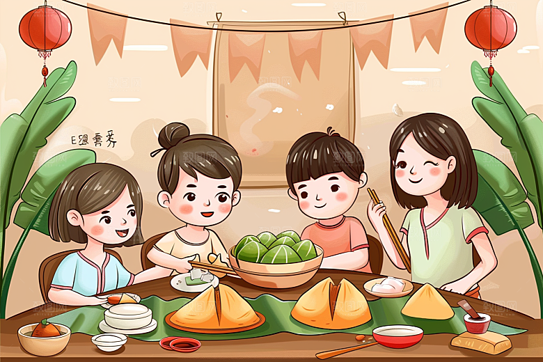 端午包粽子粽叶美食插画