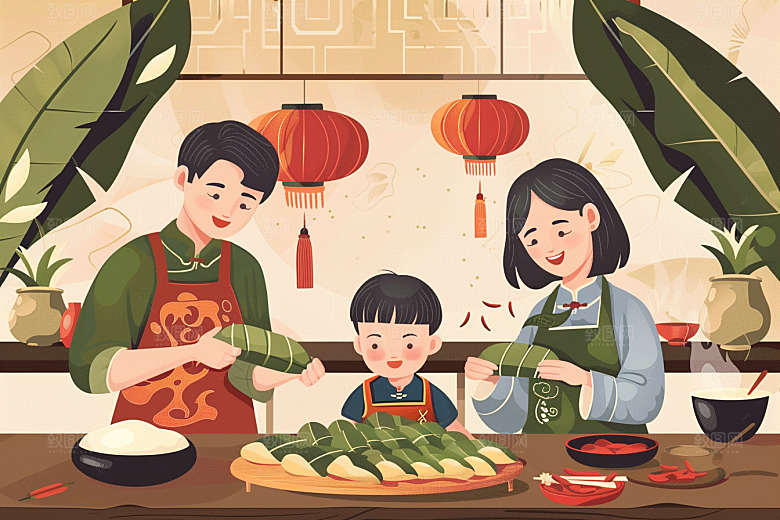 端午包粽子习俗节日氛围插画