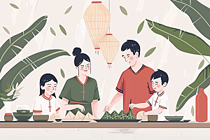 端午包粽子阖家团聚粽叶插画