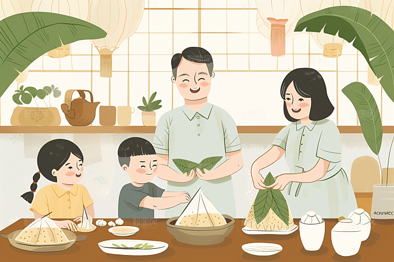 端午包粽子端午节节日氛围插画