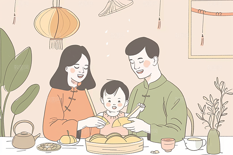 端午包粽子阖家团聚小吃插画