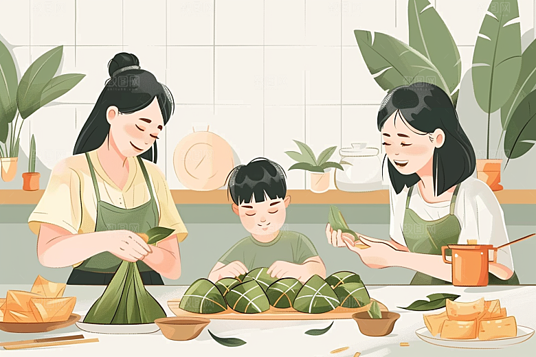 端午包粽子美味小吃插画
