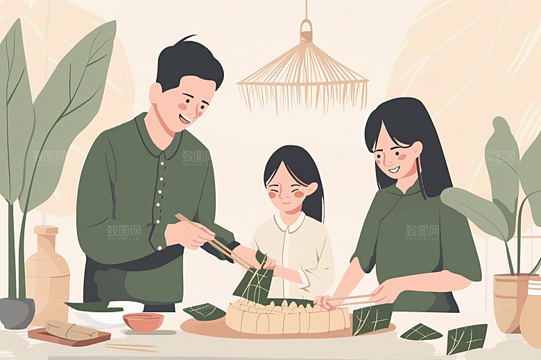 端午包粽子传统文化粽叶插画