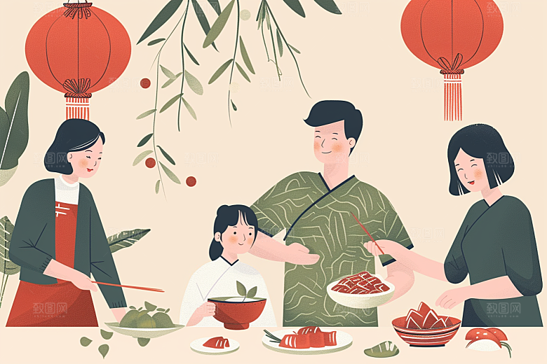 端午包粽子节日高清插画