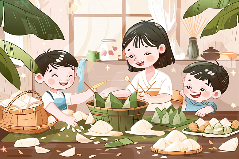 端午包粽子节日氛围节日插画