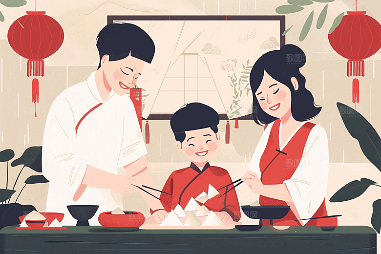 端午包粽子糯米习俗插画
