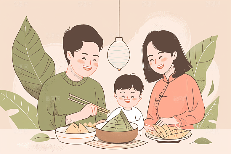 端午包粽子幸福传统文化插画