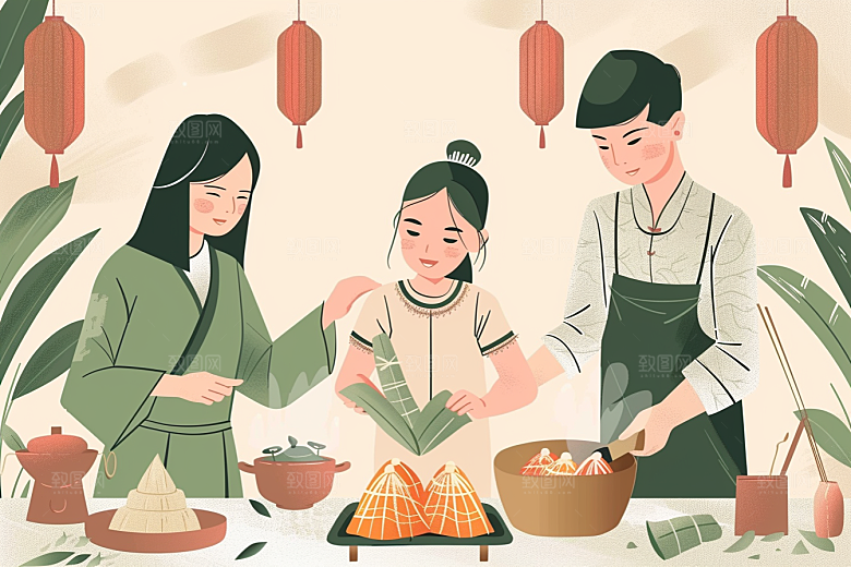 端午包粽子小吃幸福插画