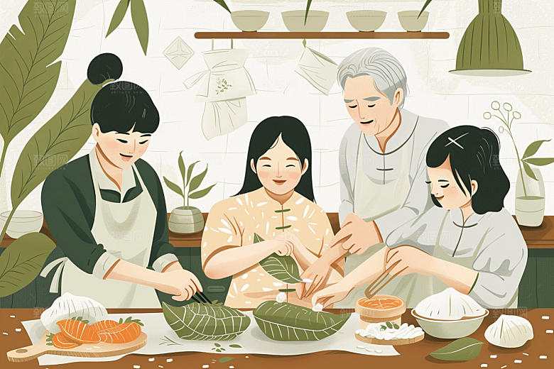 端午包粽子粽叶美味插画