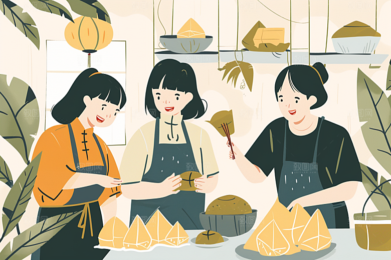 端午包粽子阖家团聚高清插画