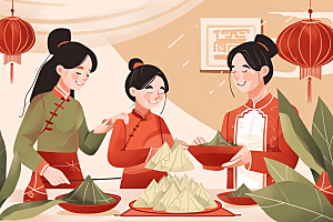 端午包粽子手绘传统文化插画