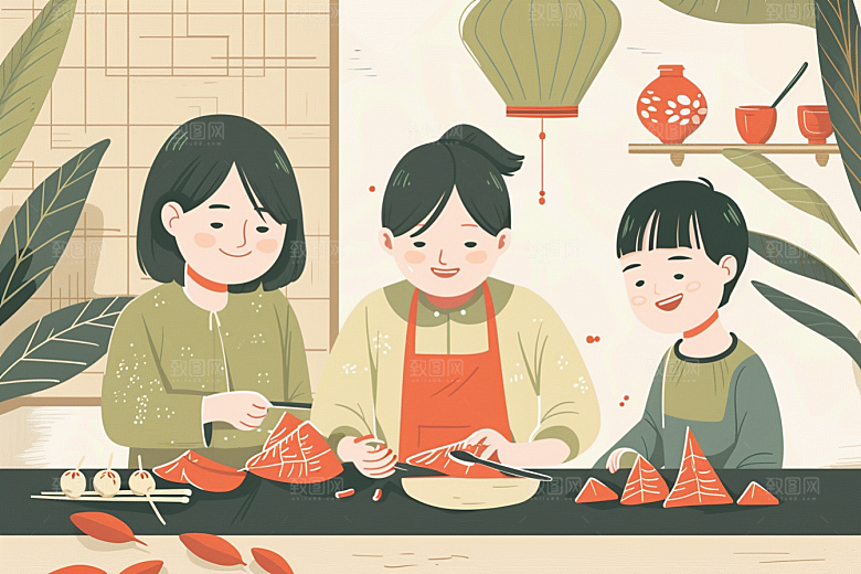 端午包粽子幸福粽叶插画