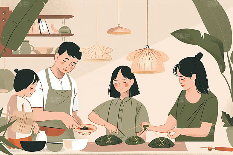 端午包粽子节日传统文化插画
