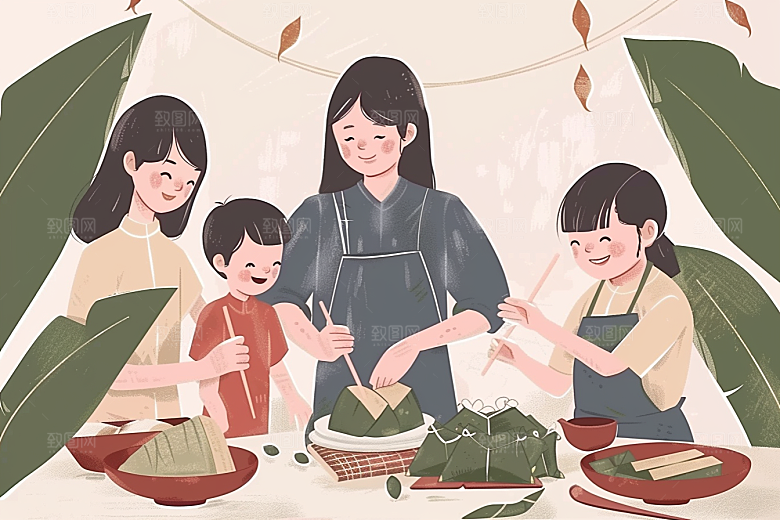 端午包粽子糯米阖家团聚插画