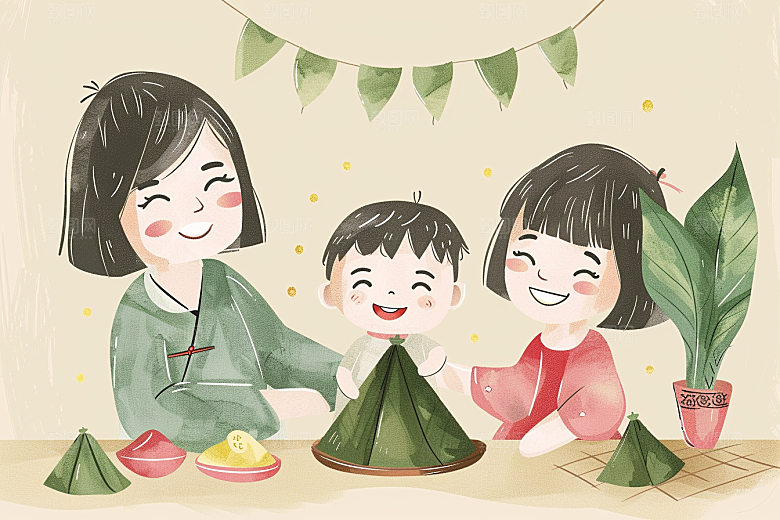 端午包粽子温馨小吃插画
