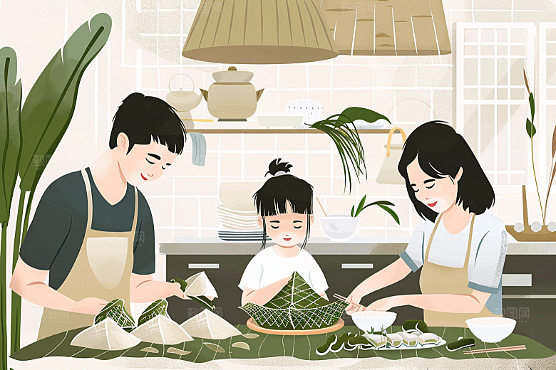 端午包粽子美味粽叶插画
