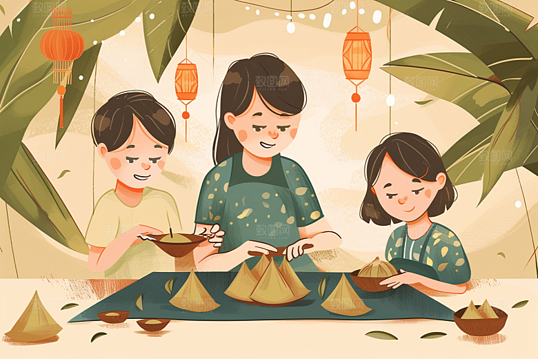 端午包粽子糯米节日氛围插画
