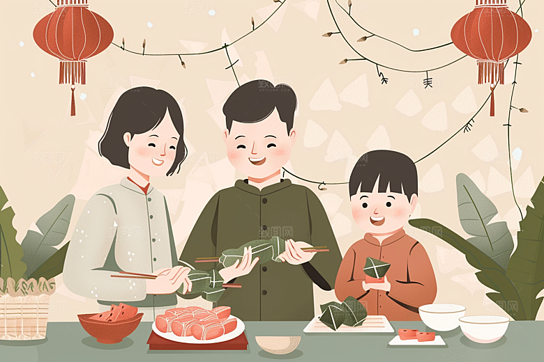 端午包粽子小吃美味插画