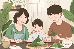 端午包粽子传统文化幸福插画